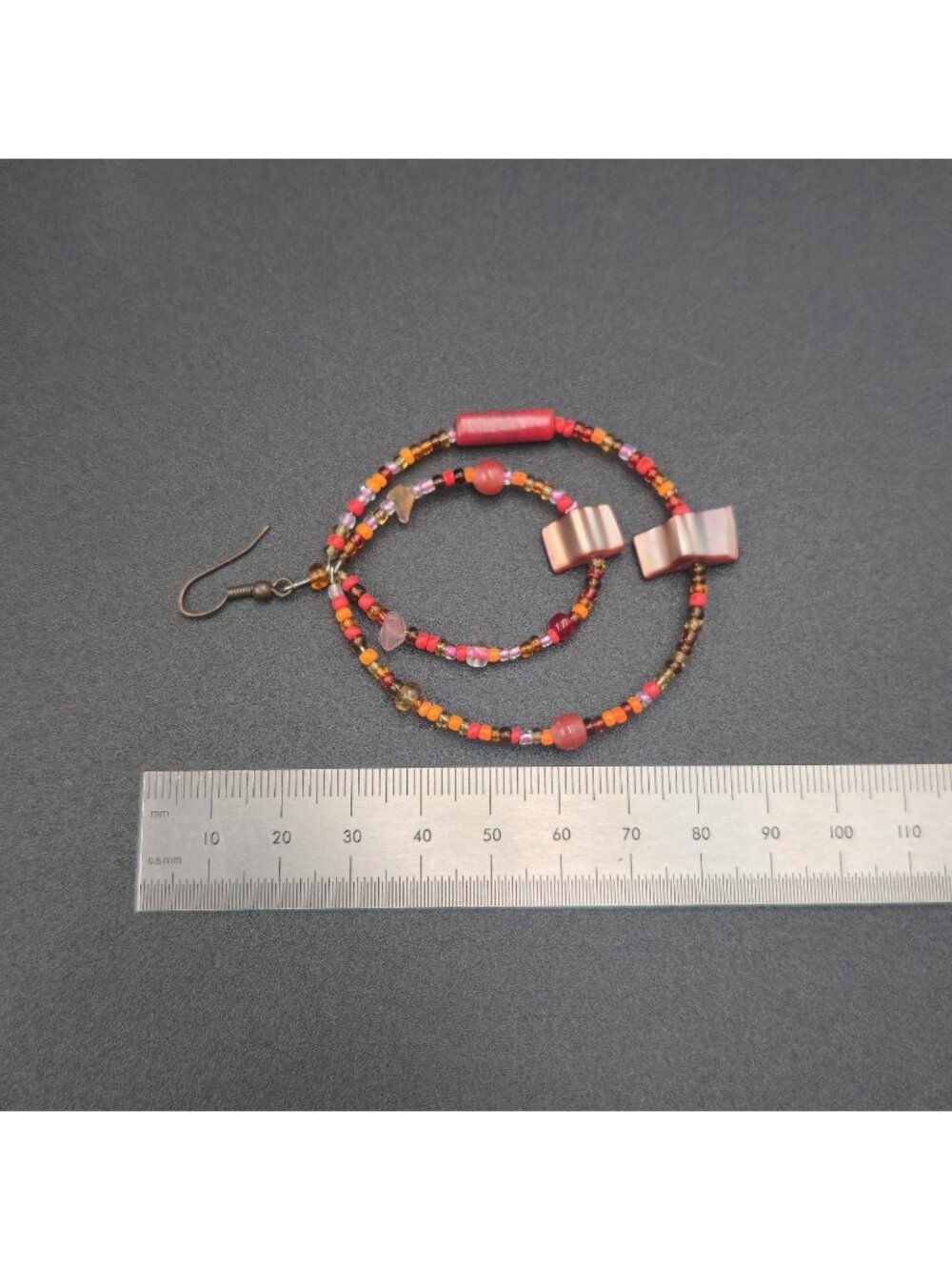 Handmade Red and Orange Beaded Hoop Dangle Earrings B1220 - Picture 4 of 5